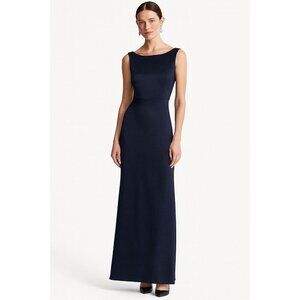 Trio New York 100% Silk Maxi Dress Size 14 Elegant Navy Blue Evening Gown Party